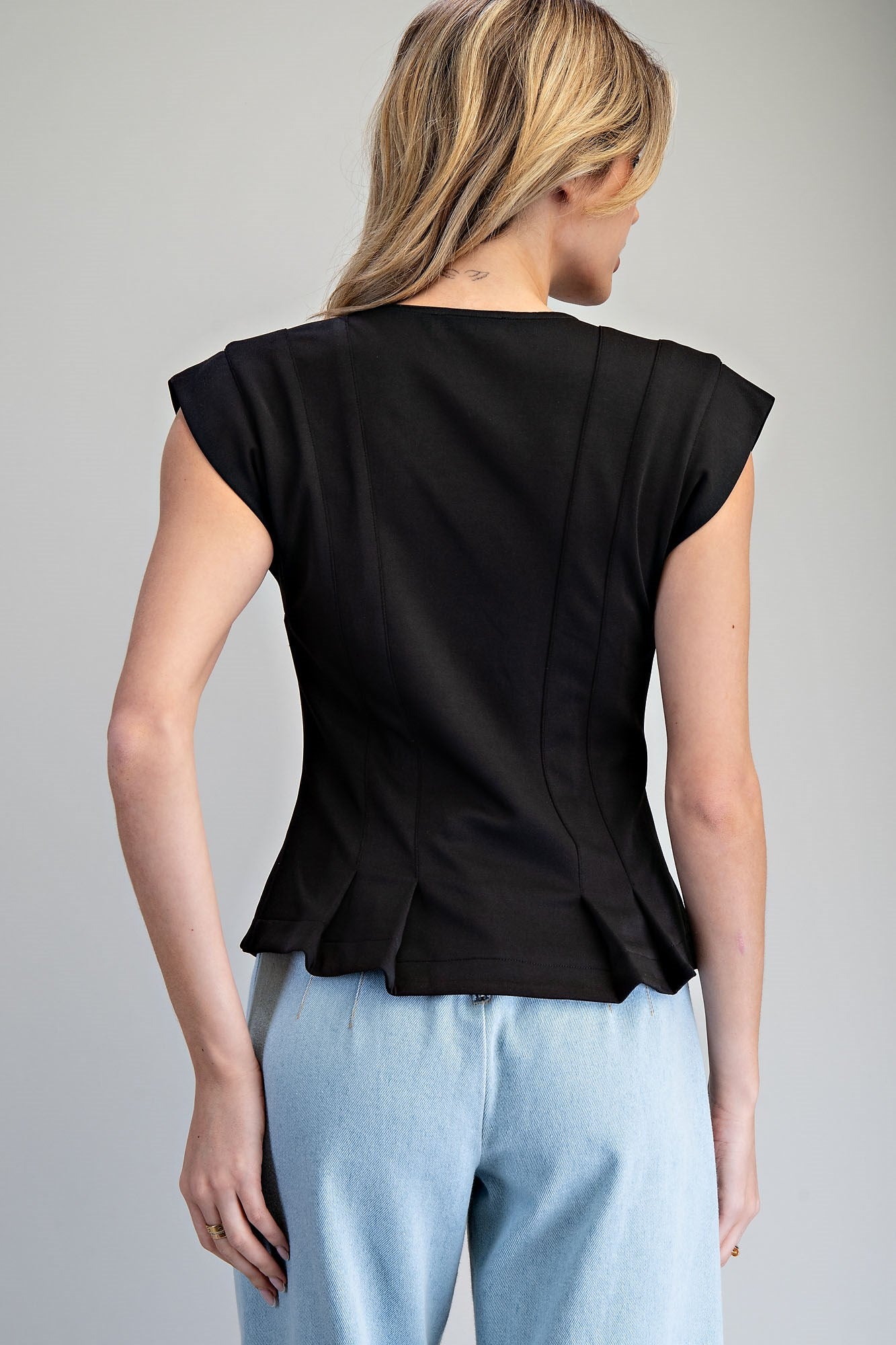 Solid Pleated Button Down V-Neck Top