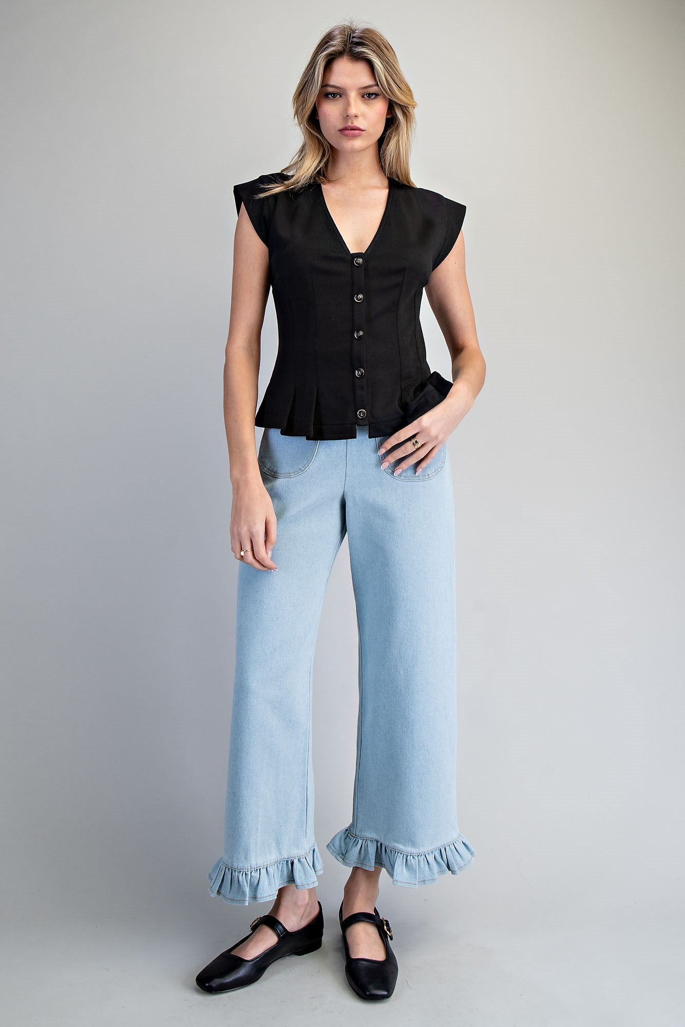 Solid Pleated Button Down V-Neck Top