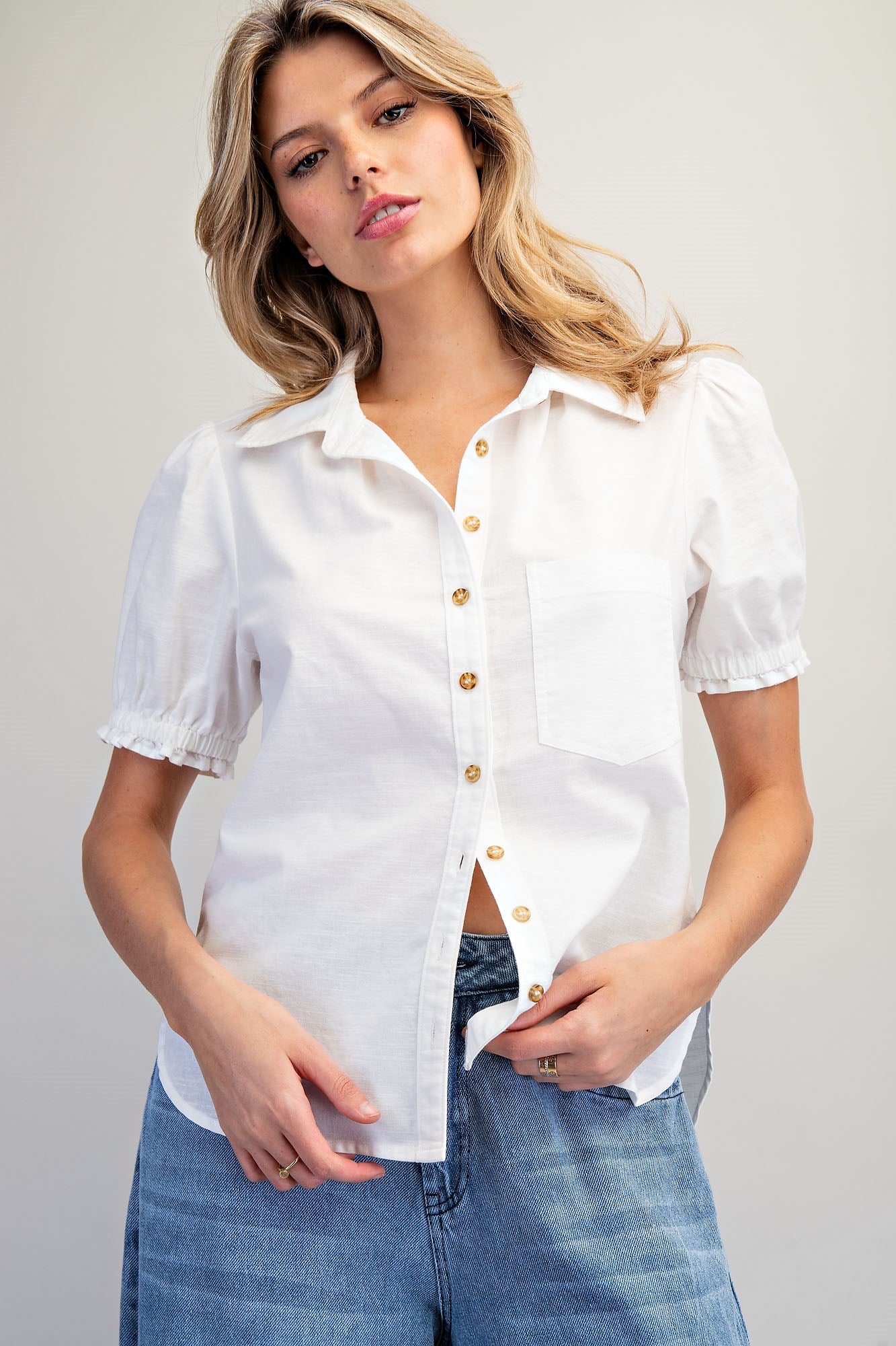 Button Down Ruffled Short Sleeve Shirt
