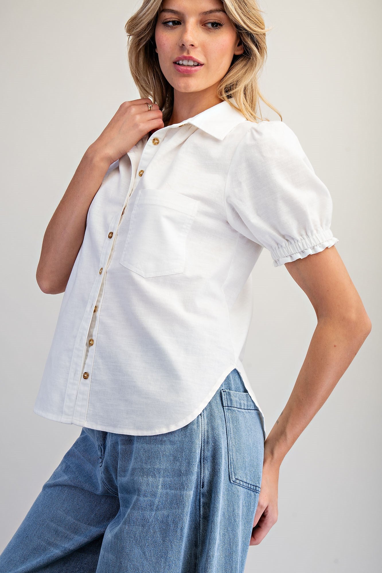Button Down Ruffled Short Sleeve Shirt