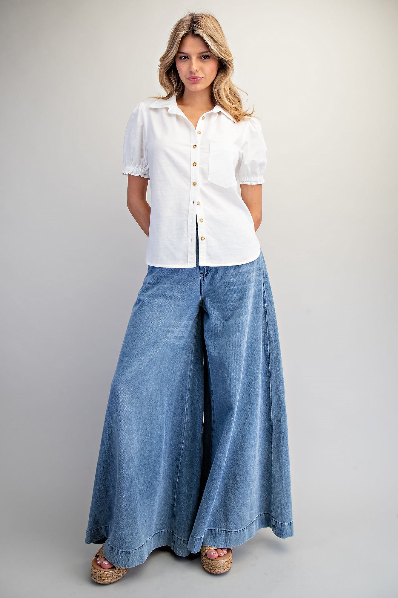 Button Down Ruffled Short Sleeve Shirt