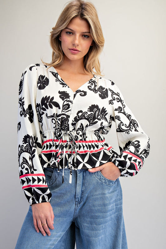 Botanical Inspired Peplum Tie Waist Blouse