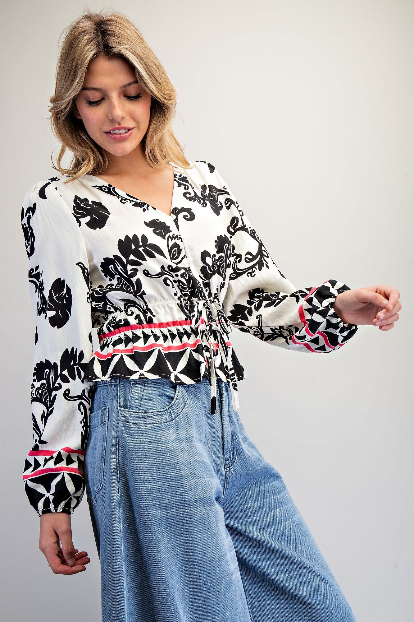 Botanical Inspired Peplum Tie Waist Blouse