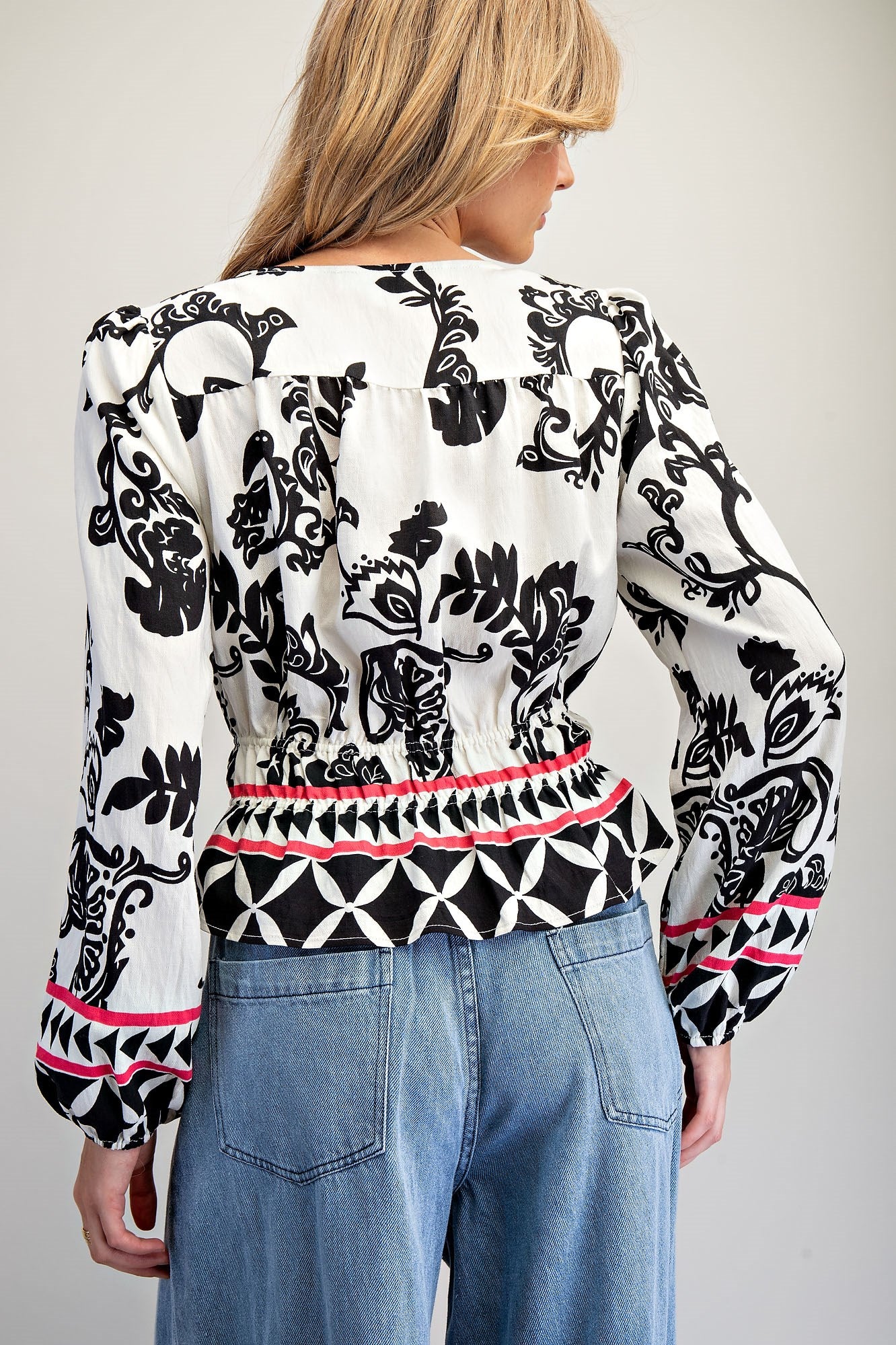 Botanical Inspired Peplum Tie Waist Blouse