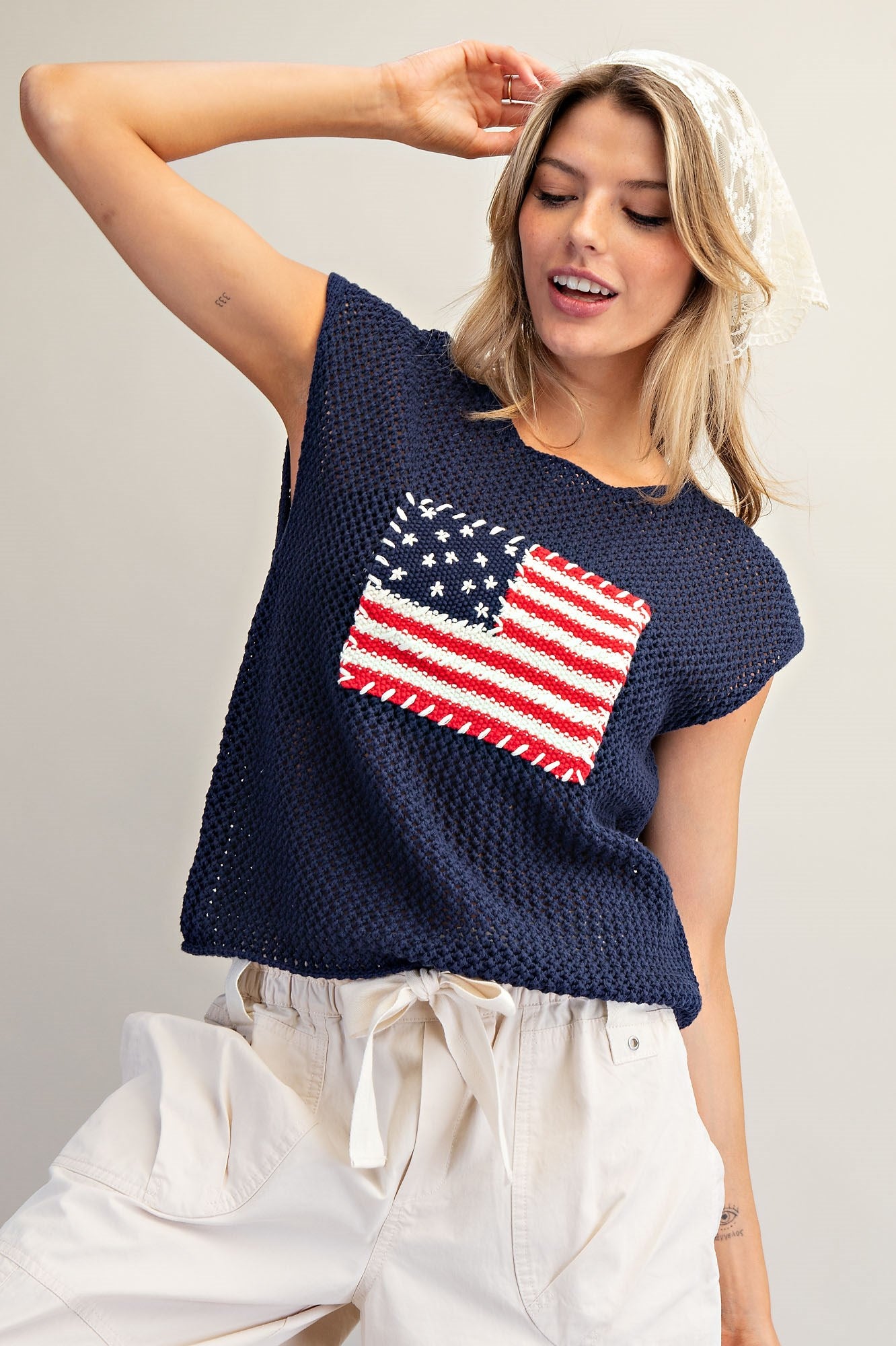 Stars & Stripes Knit Cap Sleeve Top