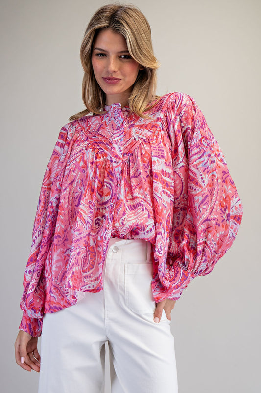 Paisley Printed Bubble Sleeve Blouse