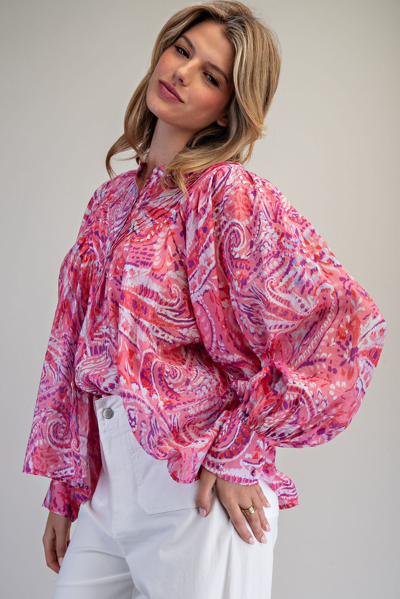 Paisley Printed Bubble Sleeve Blouse