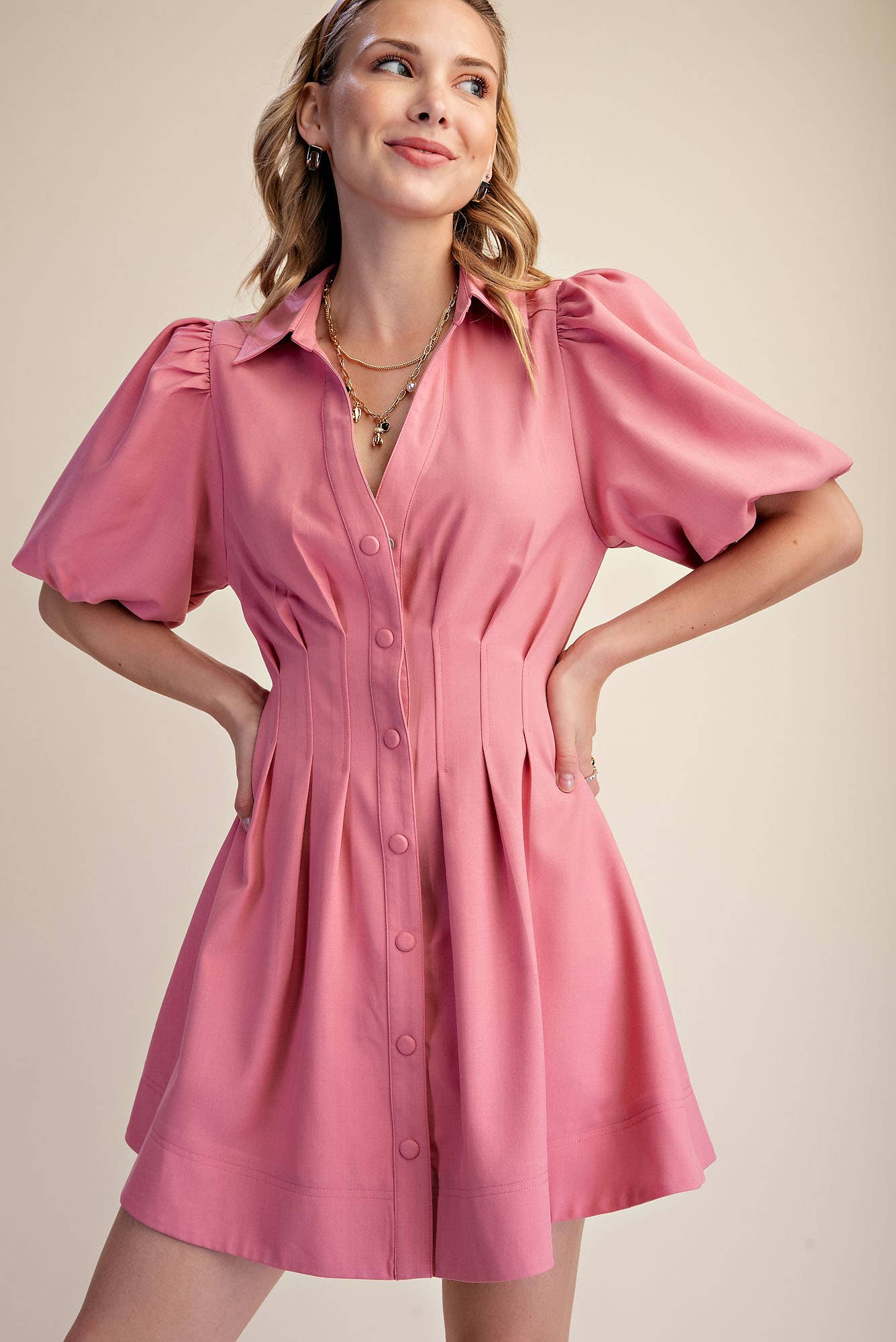 Pleated Dress Balloon Sleeve Waist Mini Fit & Flare