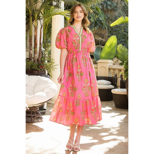 Puff Sleeve Flower Print Maxi Dress