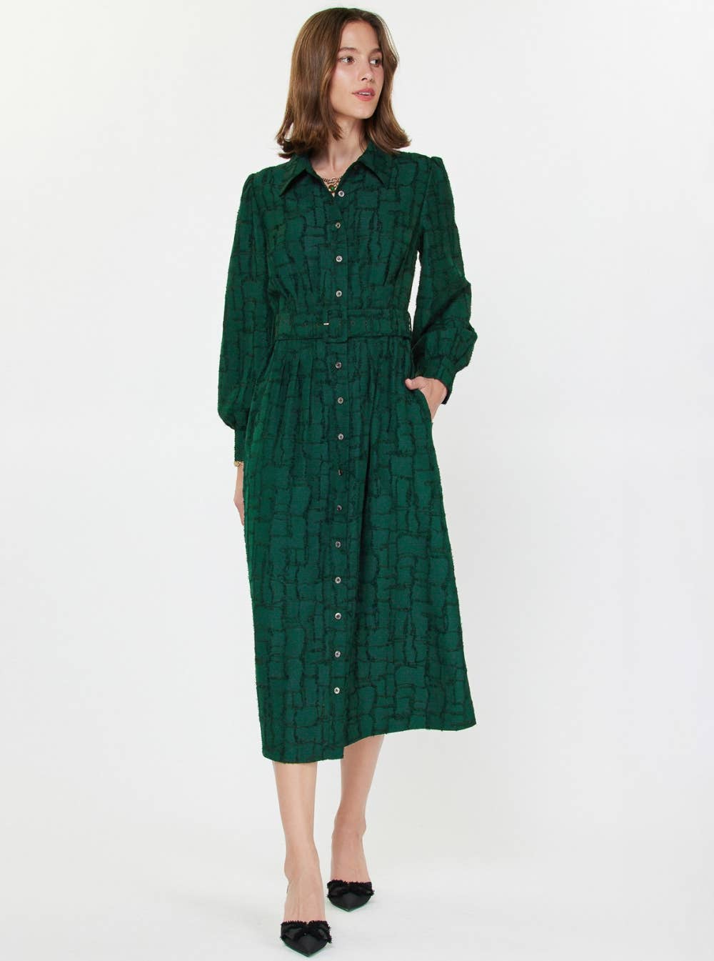 Textured Jacquard Shirt Midi Dress