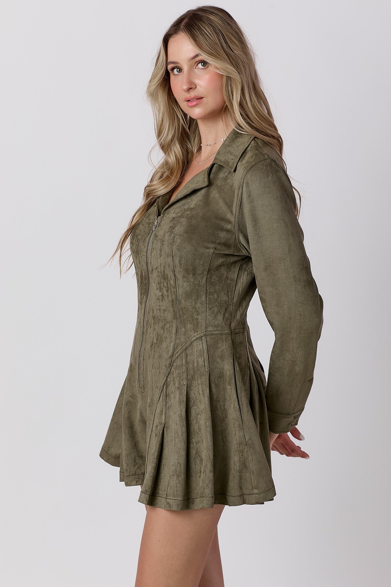 Front Zip Closure with Cuffs Sleeve Suede Romper