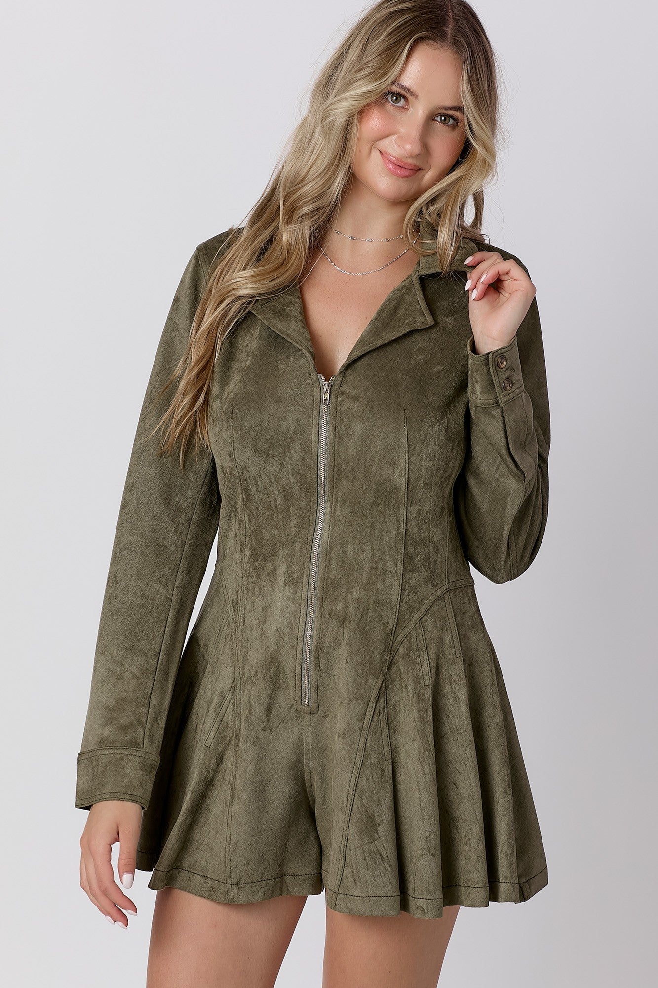 Front Zip Closure with Cuffs Sleeve Suede Romper