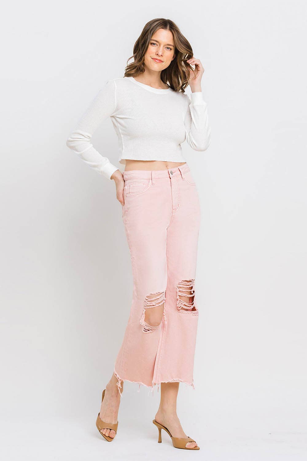 24-90'S VINTAGE SUPER HIGH RISE CROP FLARE JEANS V2736PK: POWDER PINK / 24