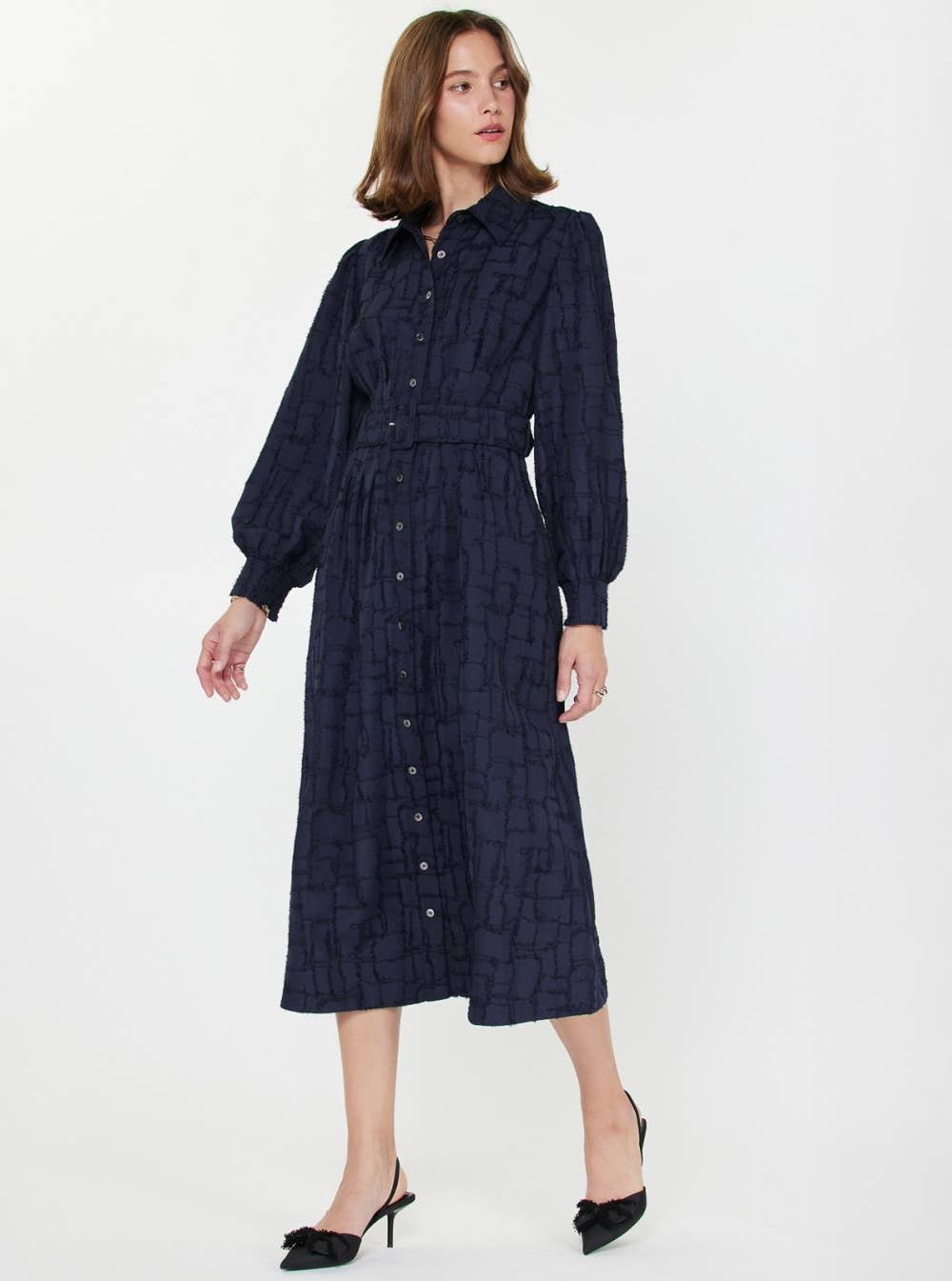 Textured Jacquard Shirt Midi Dress