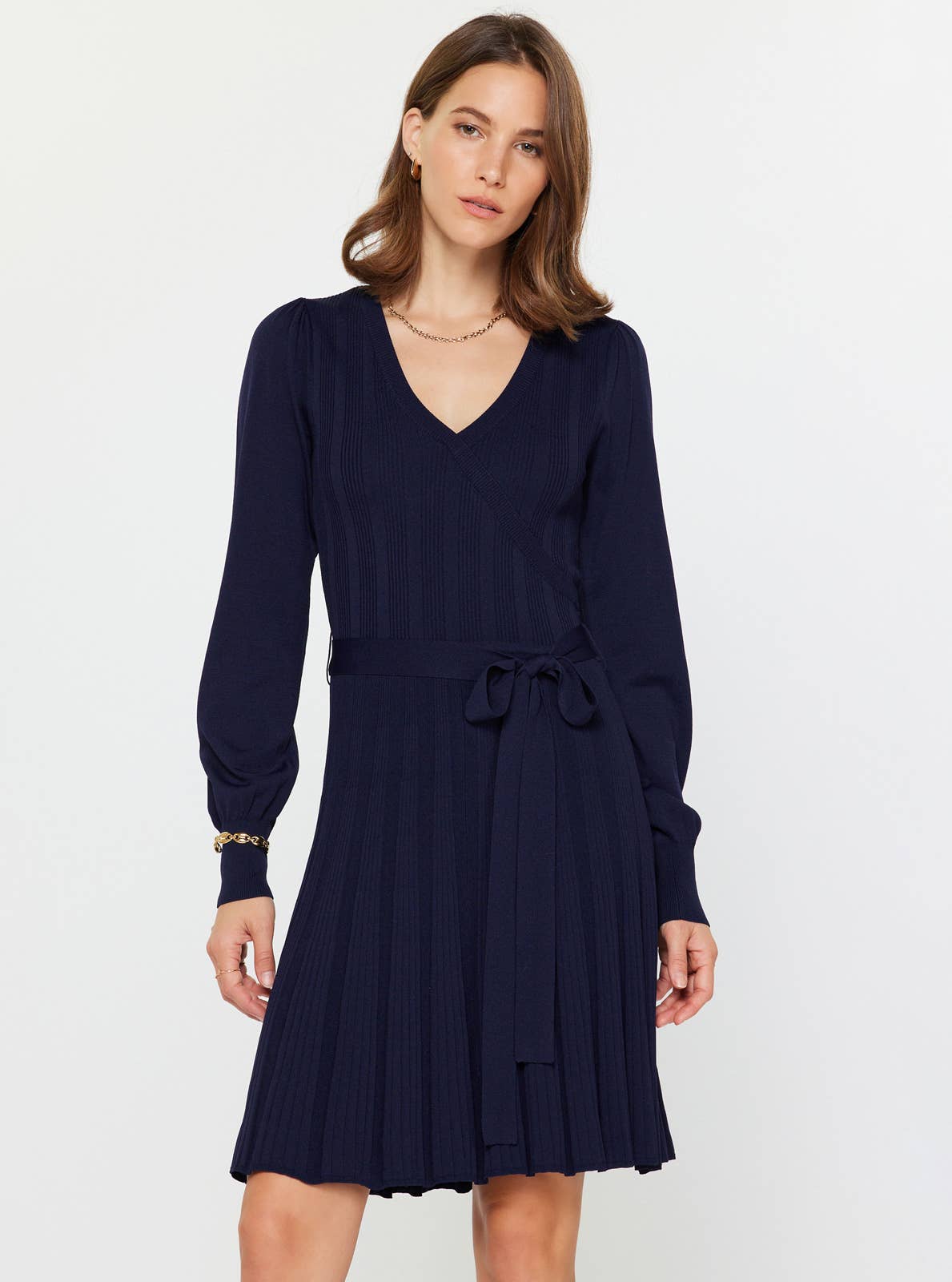 Pleated Sweater Mini Dress W/waist Tie