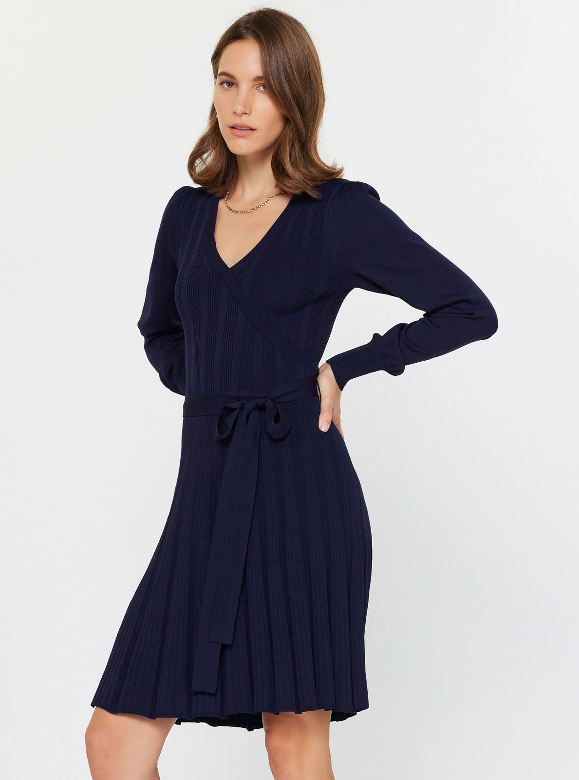 Pleated Sweater Mini Dress W/waist Tie