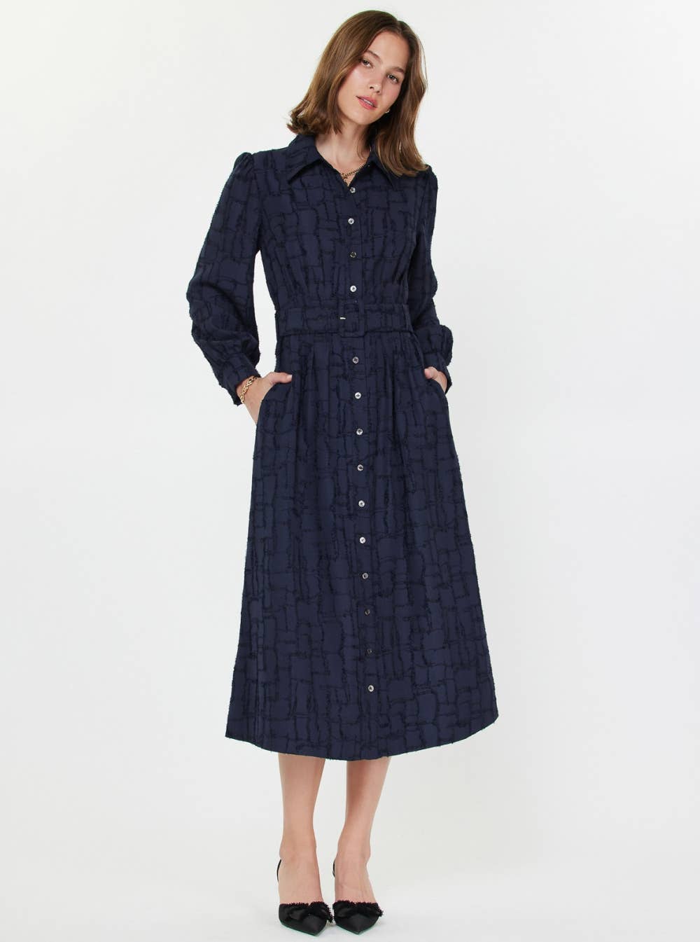 Textured Jacquard Shirt Midi Dress