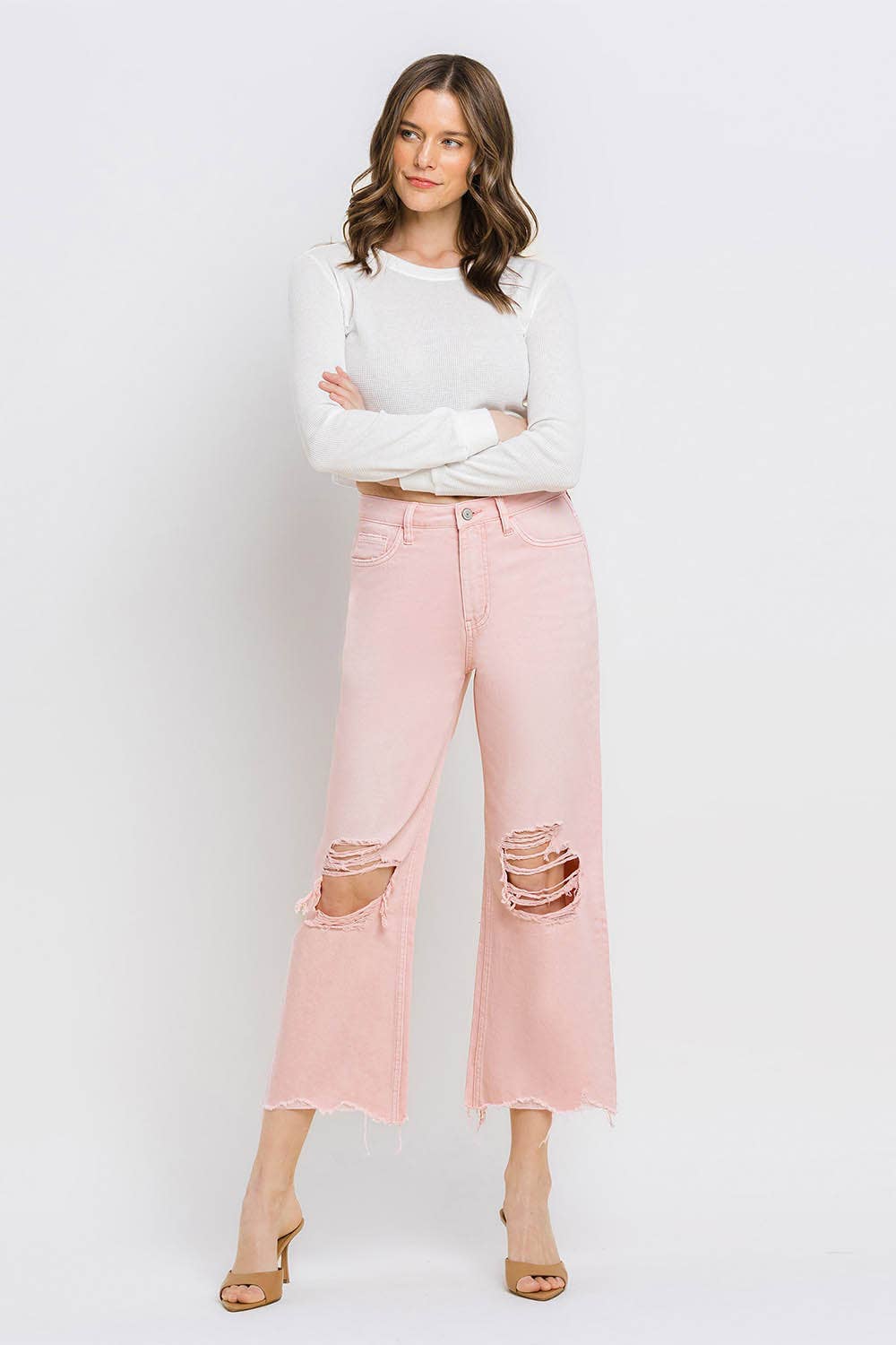 24-90'S VINTAGE SUPER HIGH RISE CROP FLARE JEANS V2736PK: POWDER PINK / 24