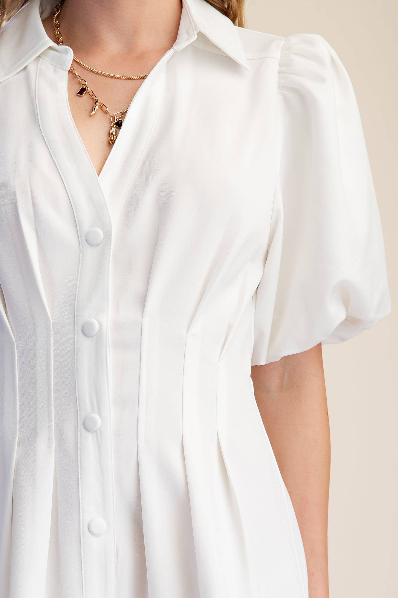 Pleated Dress Balloon Sleeve Waist Mini Fit & Flare