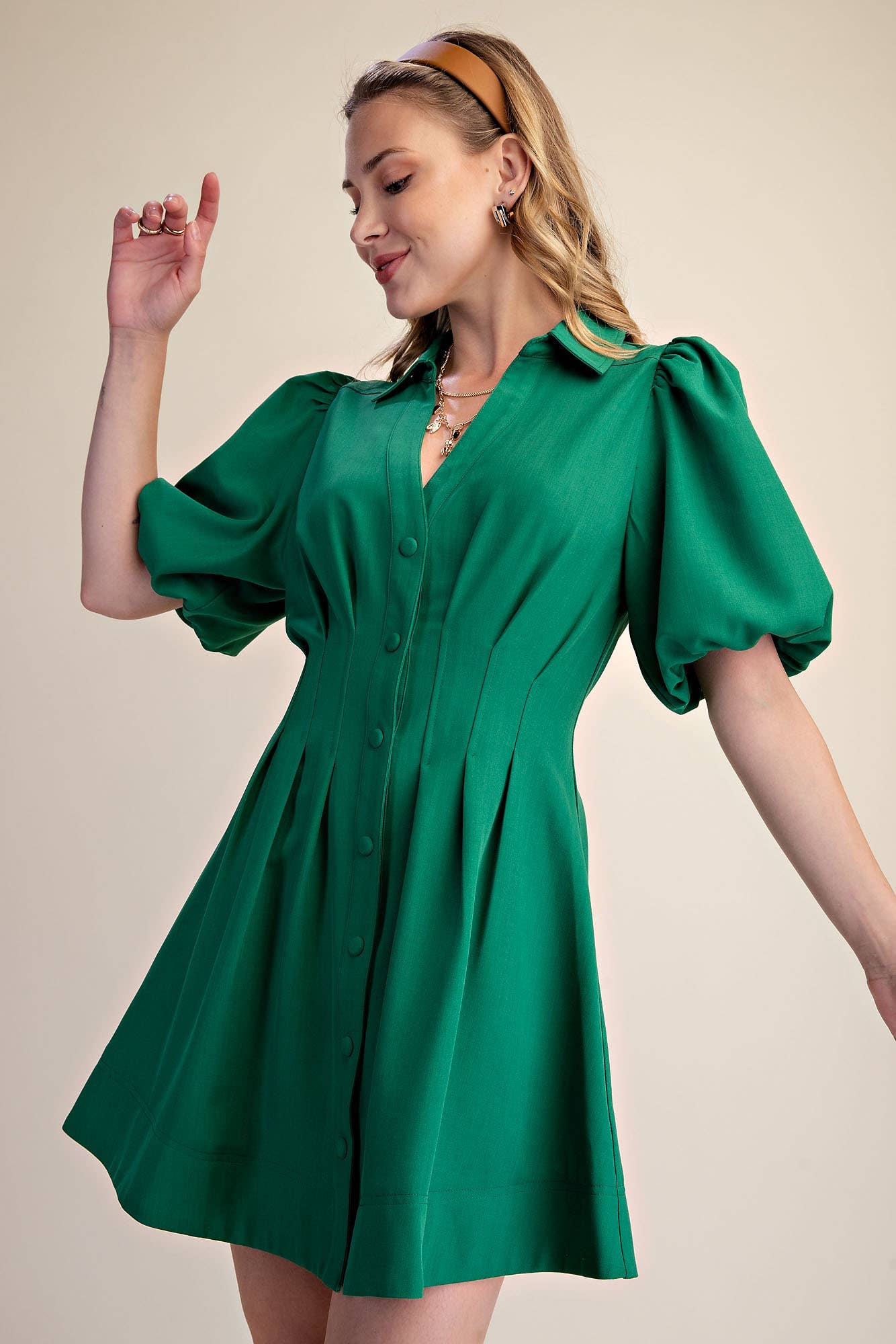 Pleated Dress Balloon Sleeve Waist Mini Fit & Flare