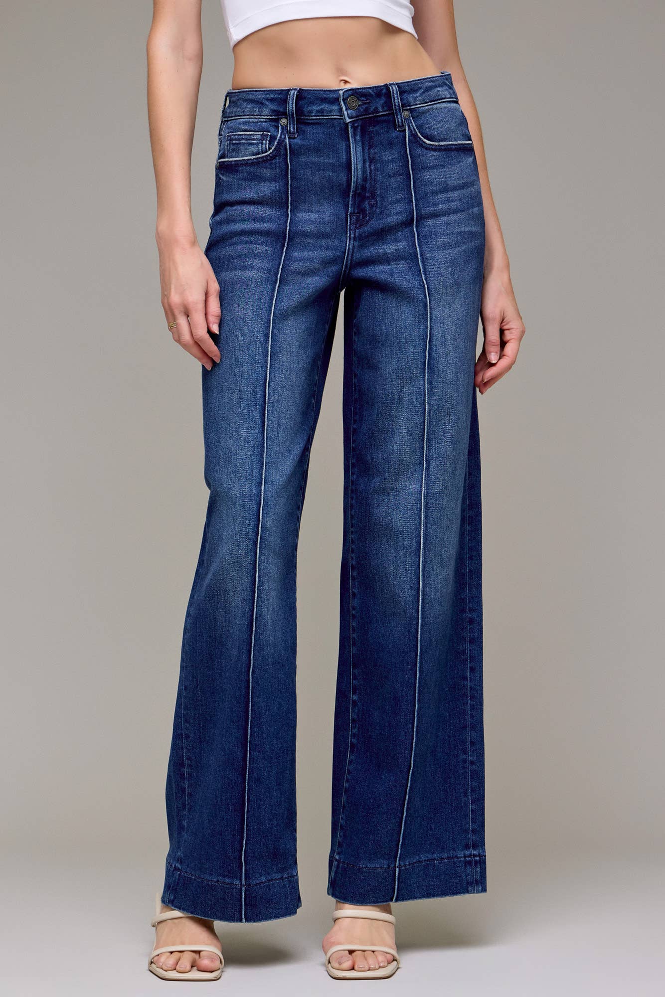 Dark Wash Pintuck High Rise Wide Leg