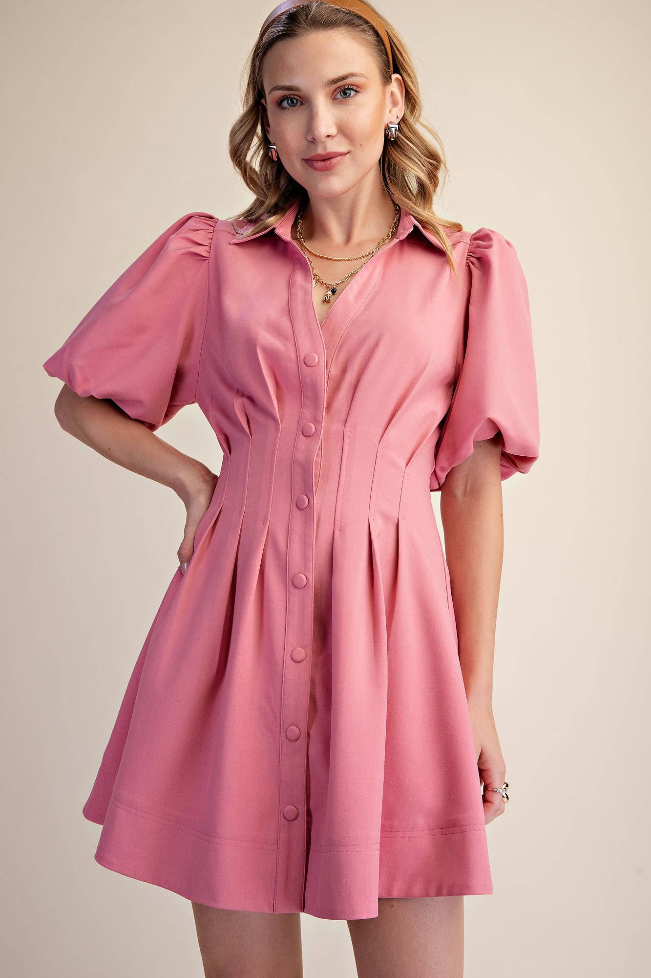 Pleated Dress Balloon Sleeve Waist Mini Fit & Flare