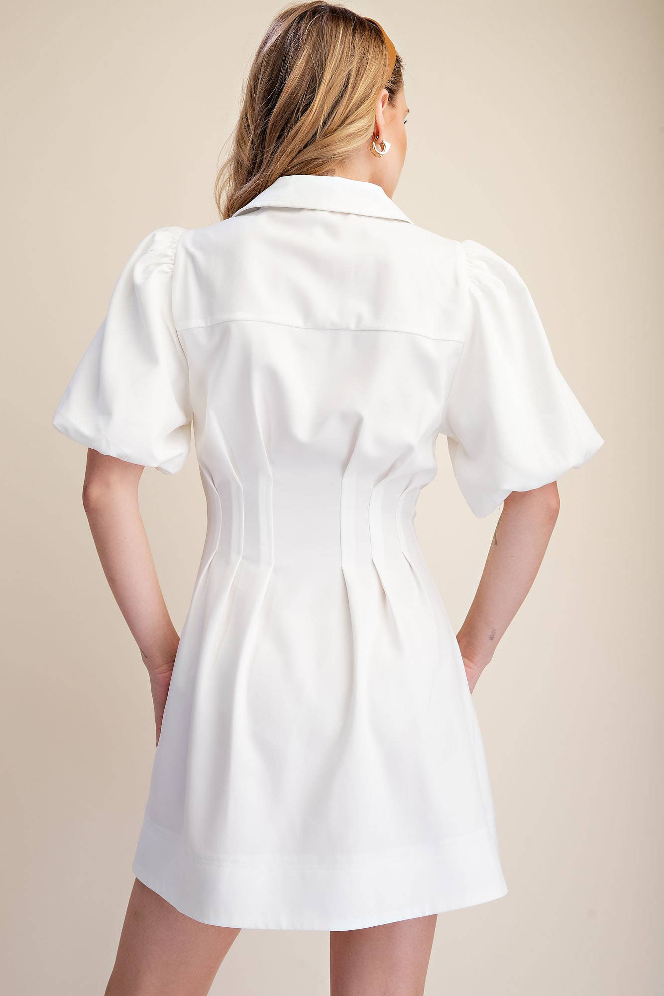 Pleated Dress Balloon Sleeve Waist Mini Fit & Flare