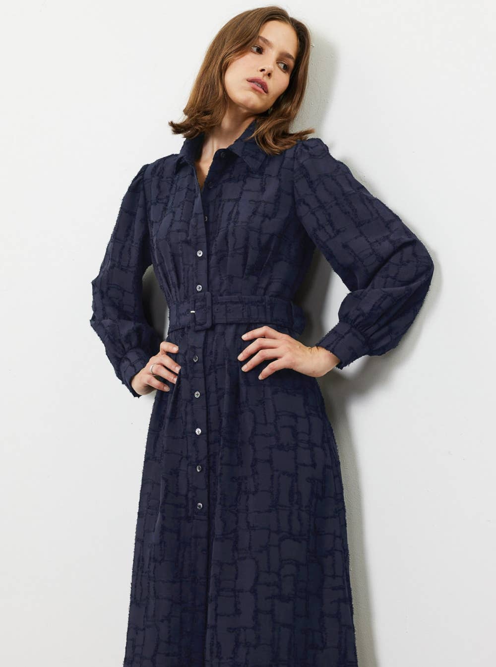 Textured Jacquard Shirt Midi Dress