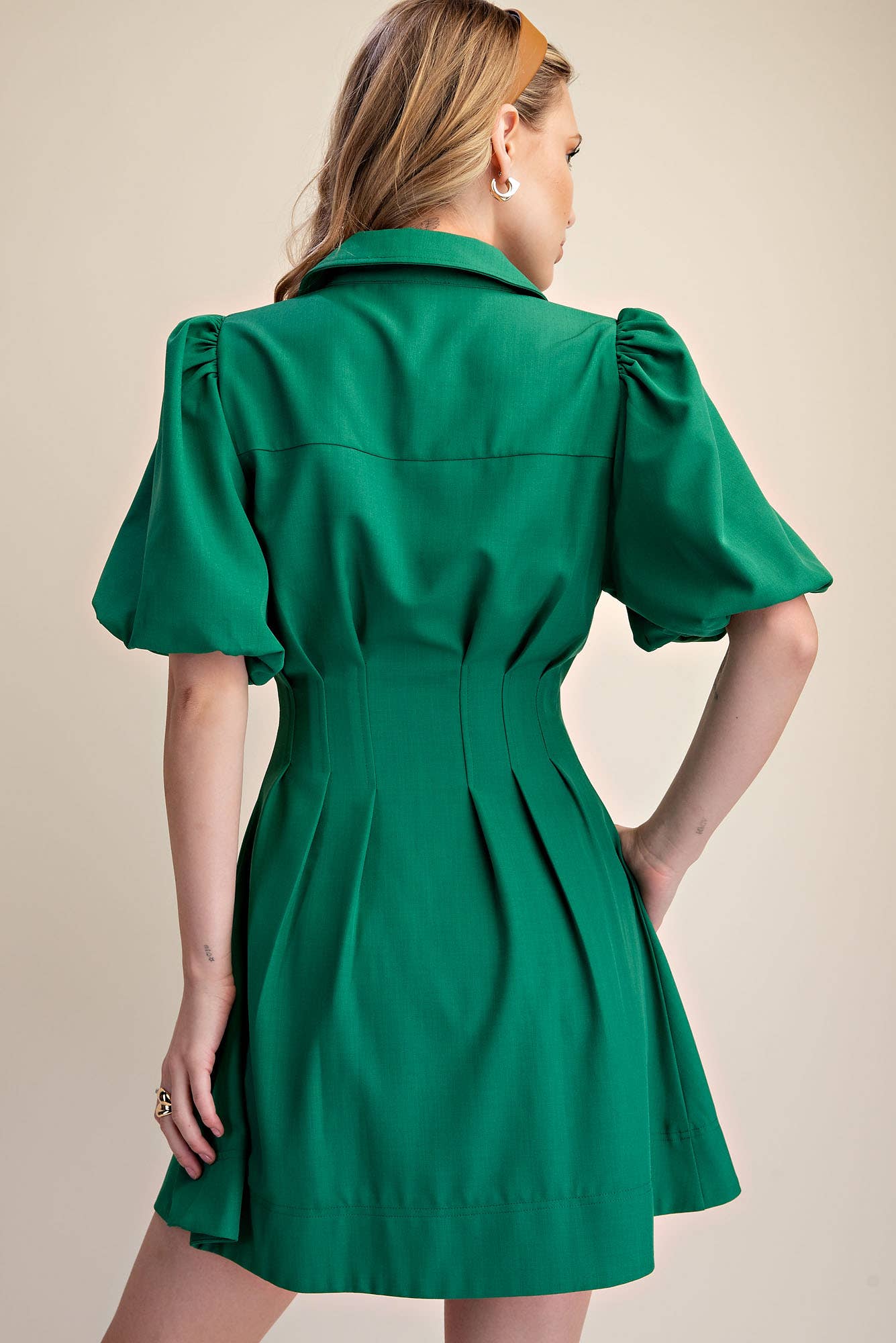 Pleated Dress Balloon Sleeve Waist Mini Fit & Flare