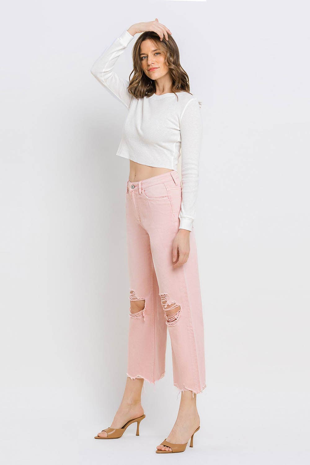 24-90'S VINTAGE SUPER HIGH RISE CROP FLARE JEANS V2736PK: POWDER PINK / 24