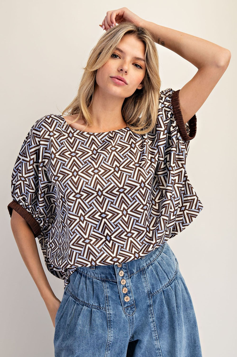 Mocha Geometric Pattern Dolman Sleeve Top
