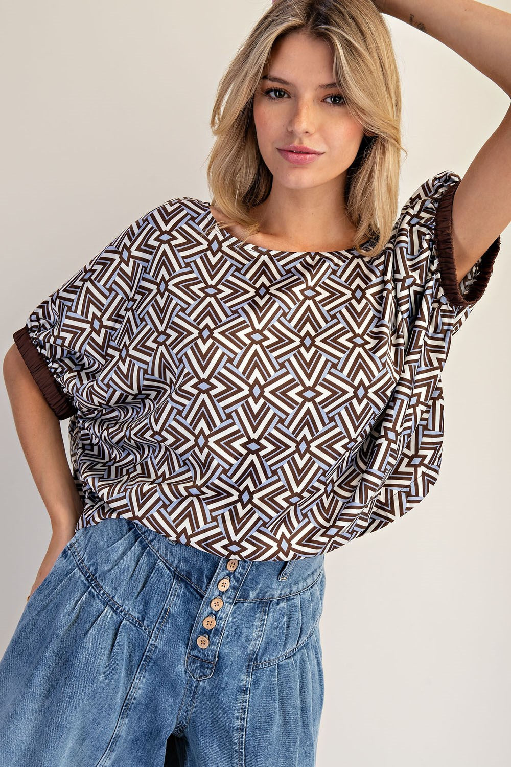 Mocha Geometric Pattern Dolman Sleeve Top