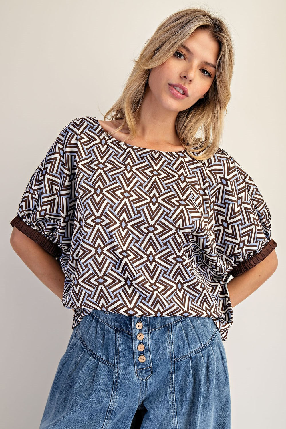 Mocha Geometric Pattern Dolman Sleeve Top