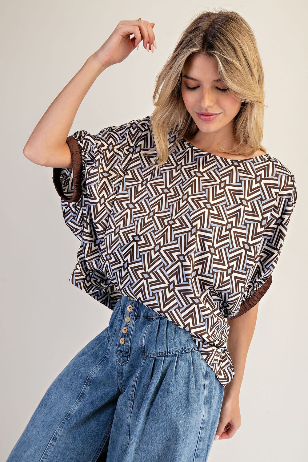 Mocha Geometric Pattern Dolman Sleeve Top