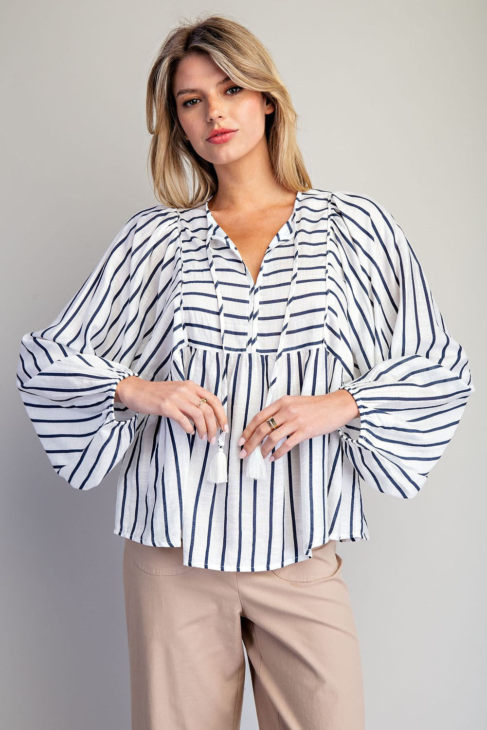 Striped Tassel Tie Long Sleeve Blouse