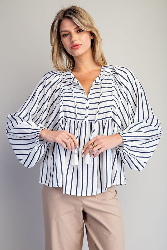 Striped Tassel Tie Long Sleeve Blouse