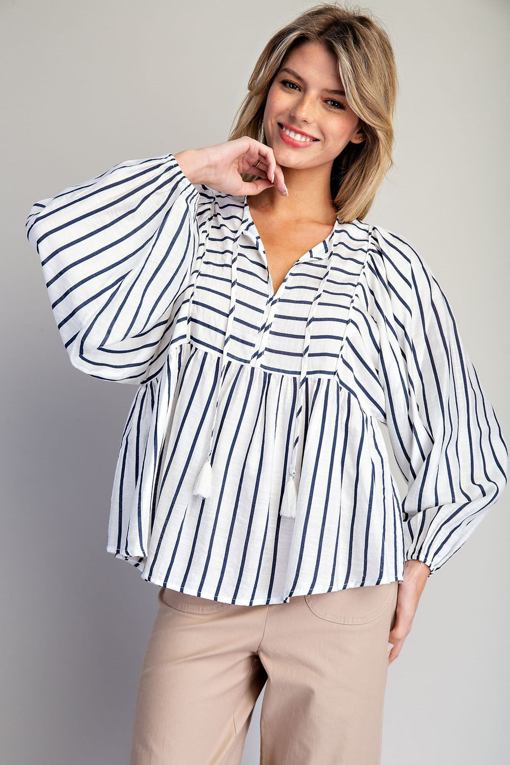 Striped Tassel Tie Long Sleeve Blouse