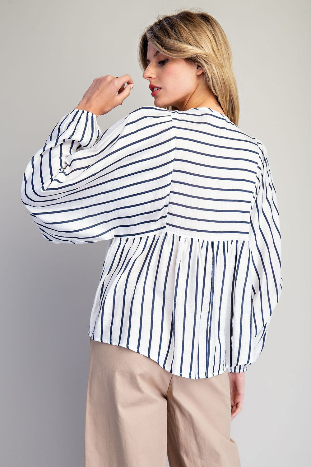 Striped Tassel Tie Long Sleeve Blouse