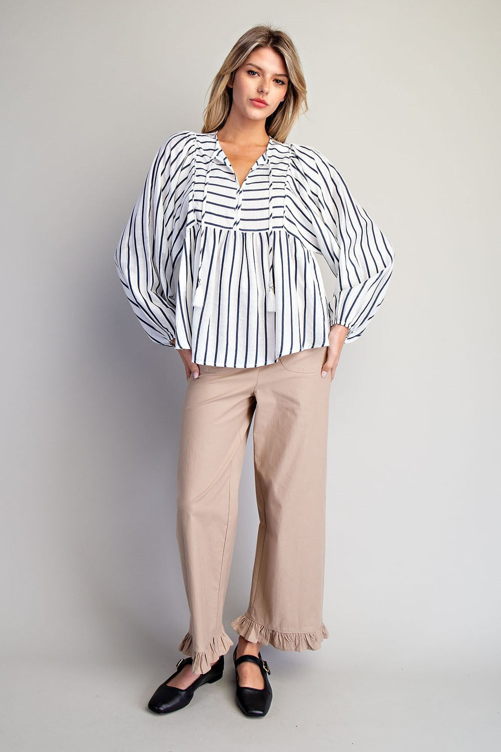 Striped Tassel Tie Long Sleeve Blouse