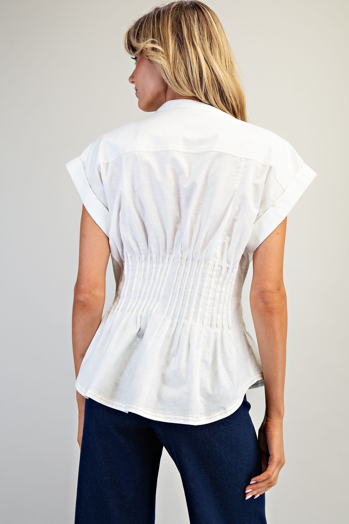 Soft Washed Pleated Button Down Blouse