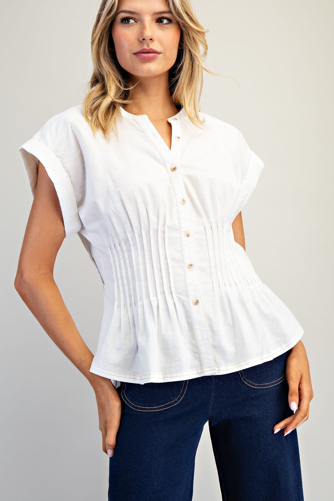 Soft Washed Pleated Button Down Blouse