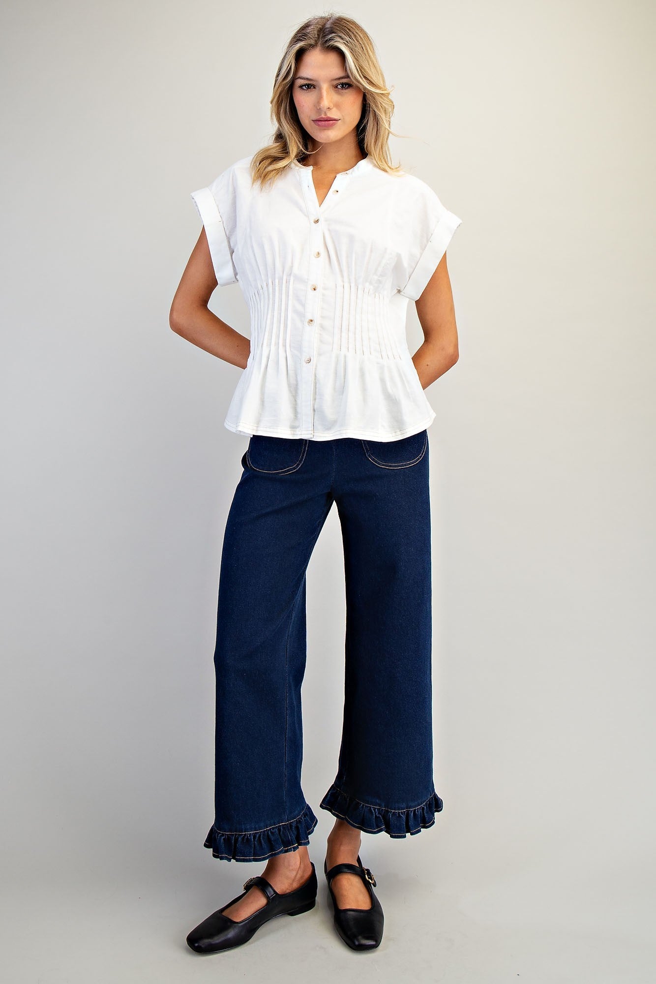 Soft Washed Pleated Button Down Blouse