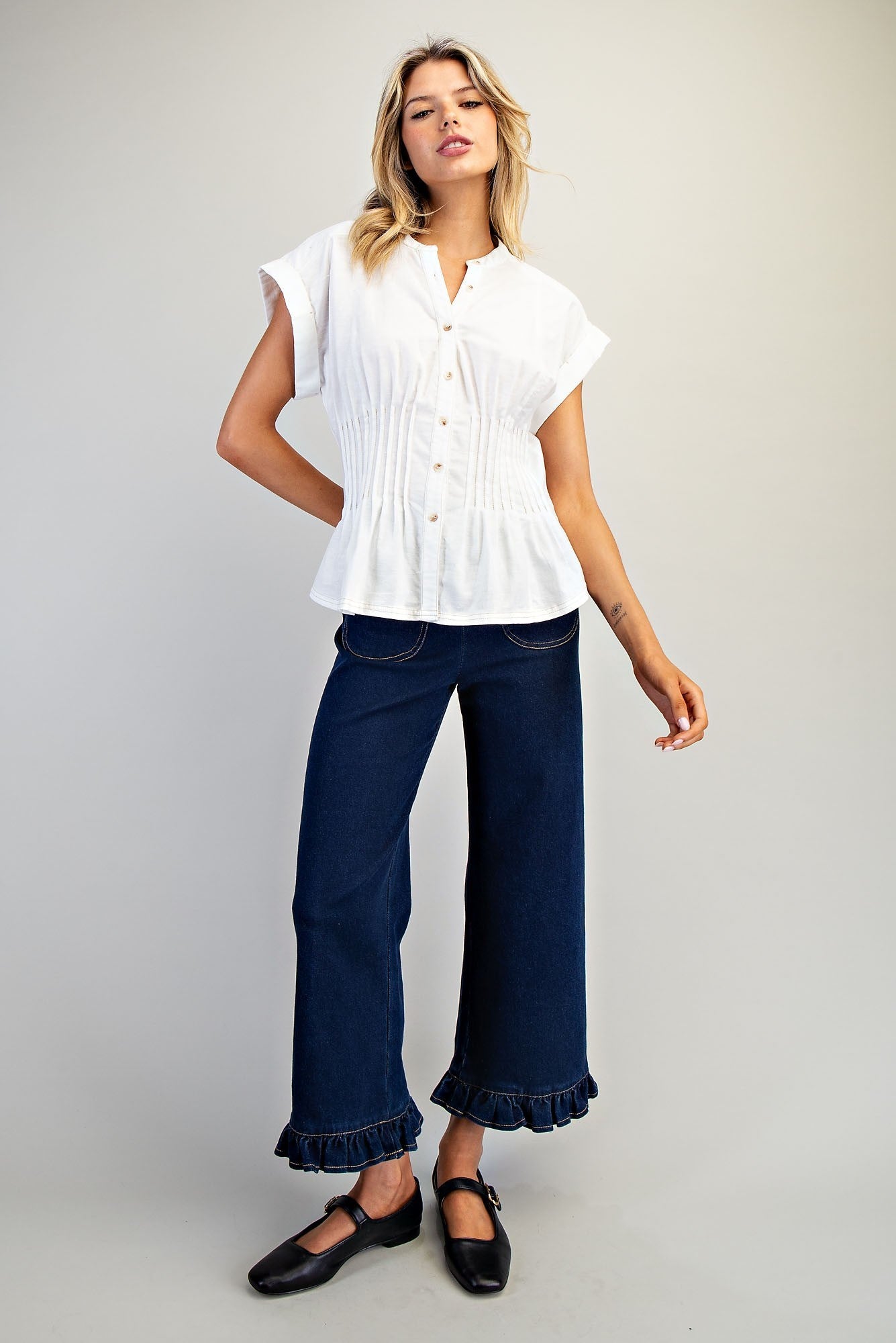 Soft Washed Pleated Button Down Blouse