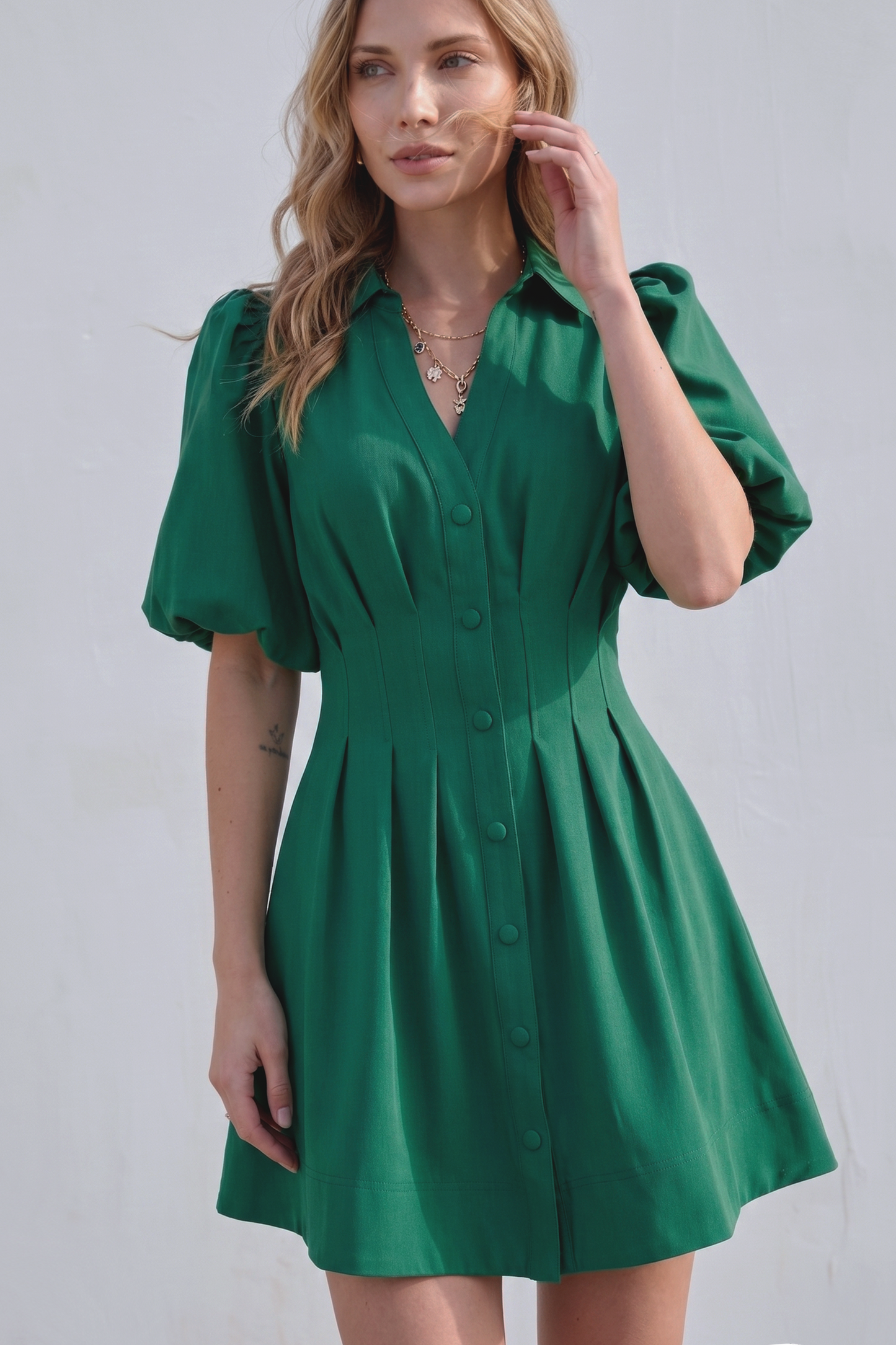 Pleated Dress Balloon Sleeve Waist Mini Fit & Flare