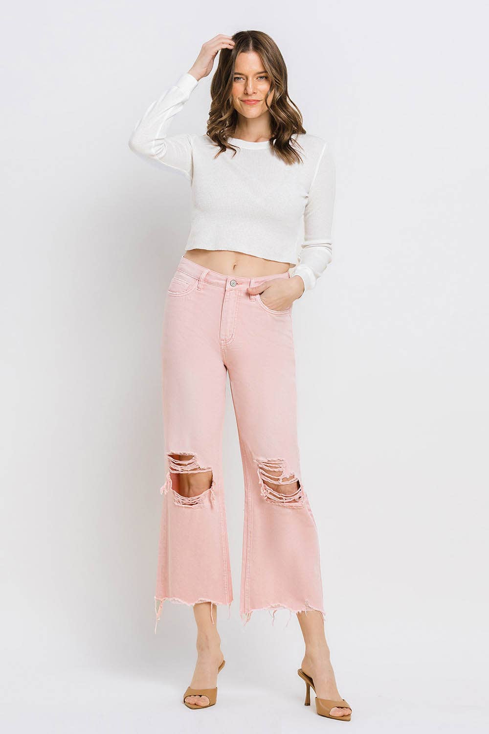 24-90'S VINTAGE SUPER HIGH RISE CROP FLARE JEANS V2736PK: POWDER PINK / 24