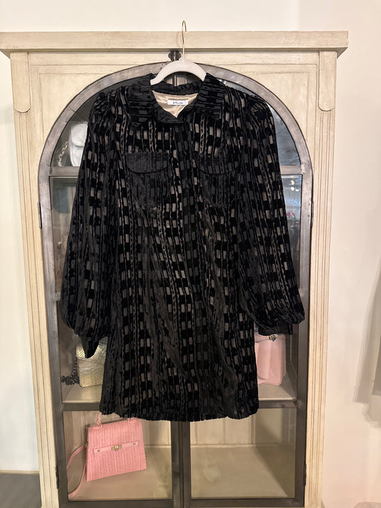 Black Velvet Burnout Button Up Long Sleeve Shirt Dress