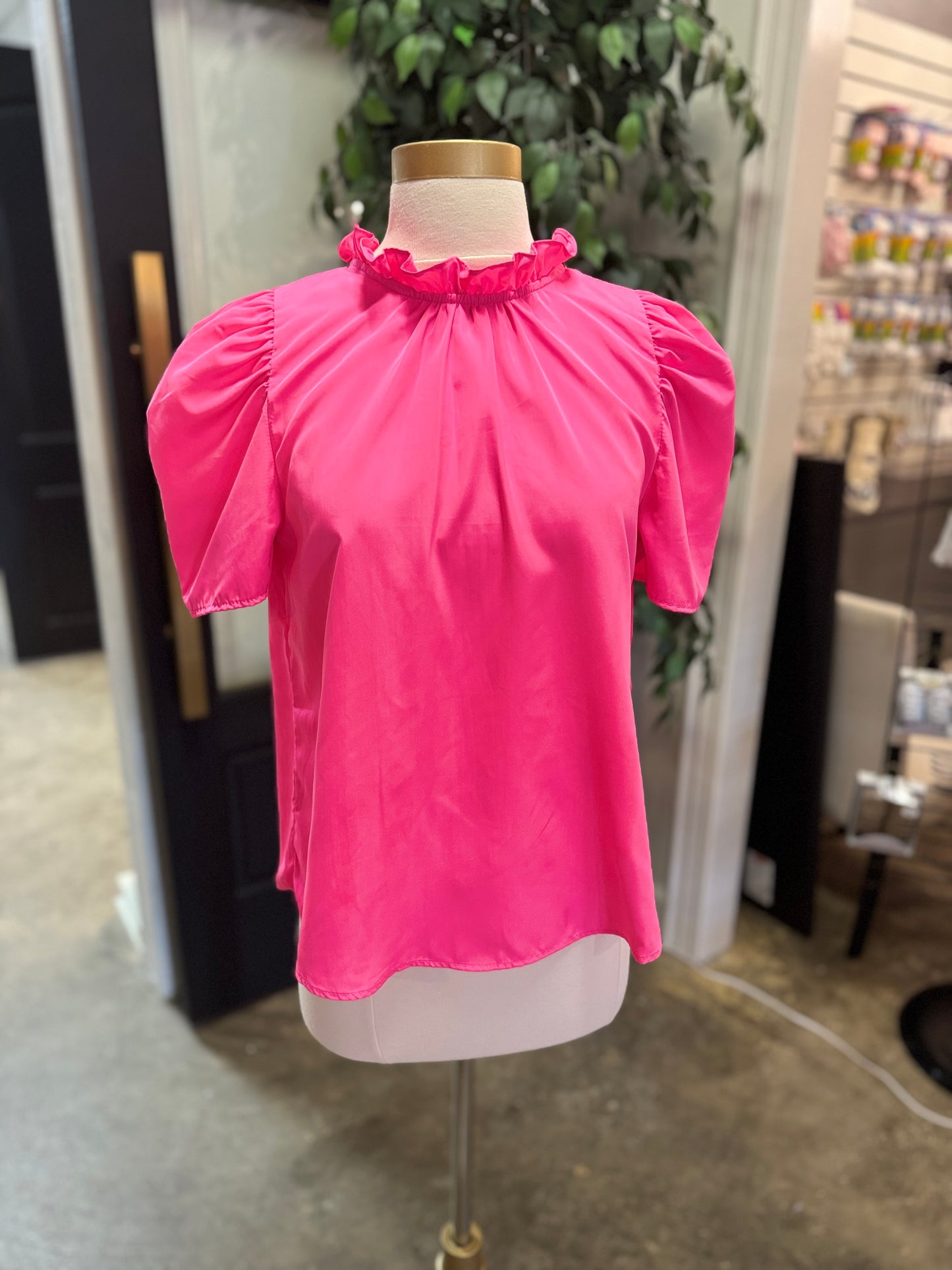 THS1354-1 Pink Short Ruffle Neck Top