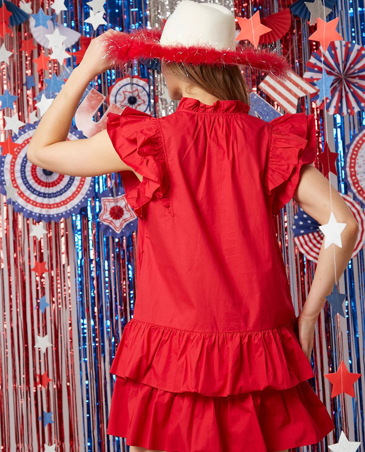 Red Poplin Ruffle Dress W/America Cocktail