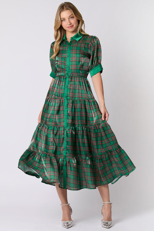 Christmas Plaid Silky Organza Midi Dress