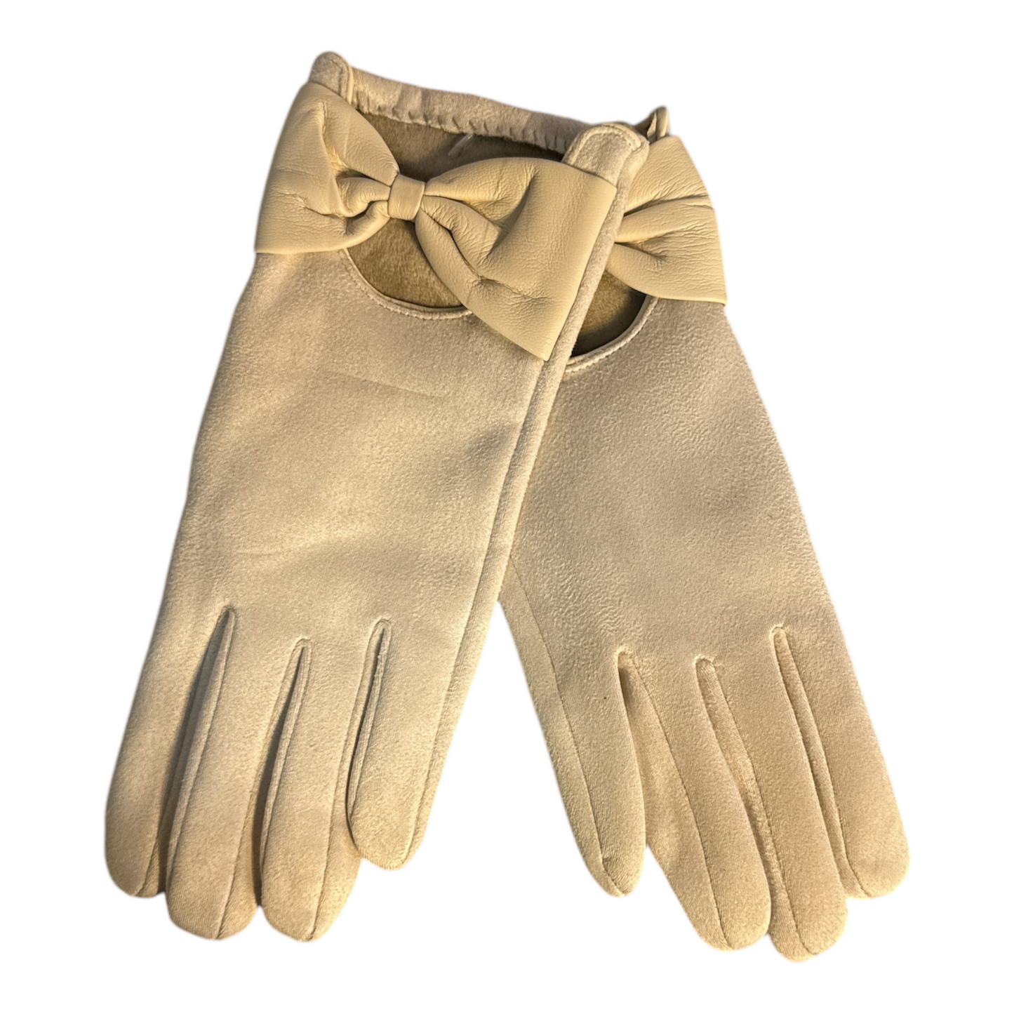 Suede gloves with faux leather bows